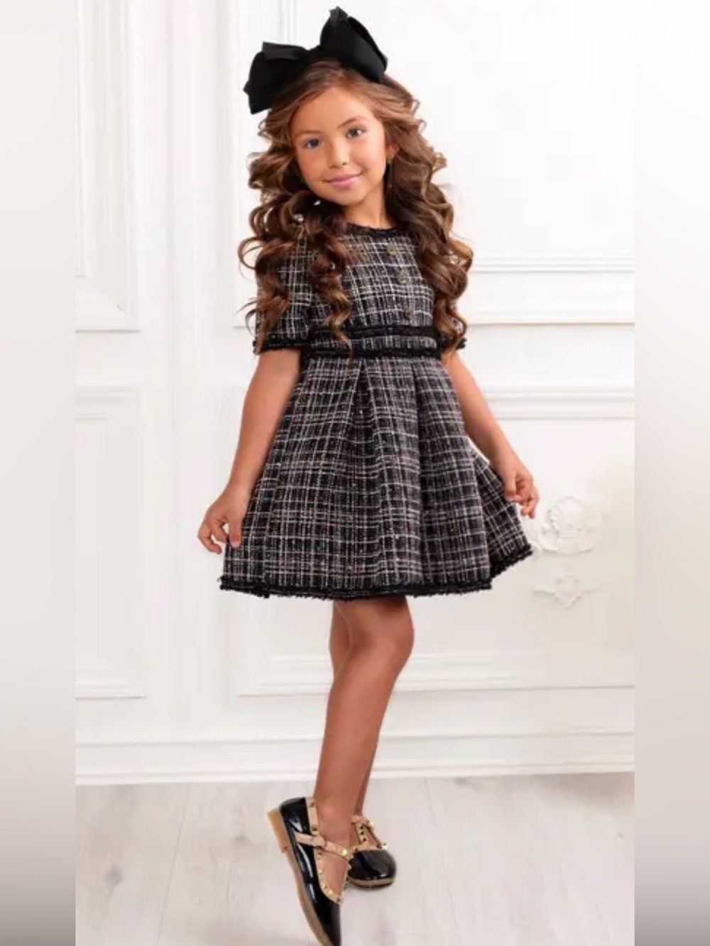 Mia Belle Girls Class Act Black Tweed Puff Sleeve Dress Size 6x Girls